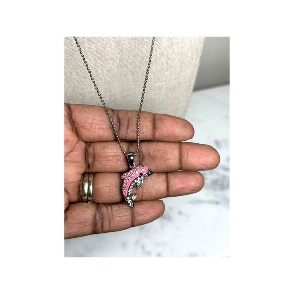 Pink Crystal Dolphin Pendant Necklace On Ball Chain - Picture 5 of 7